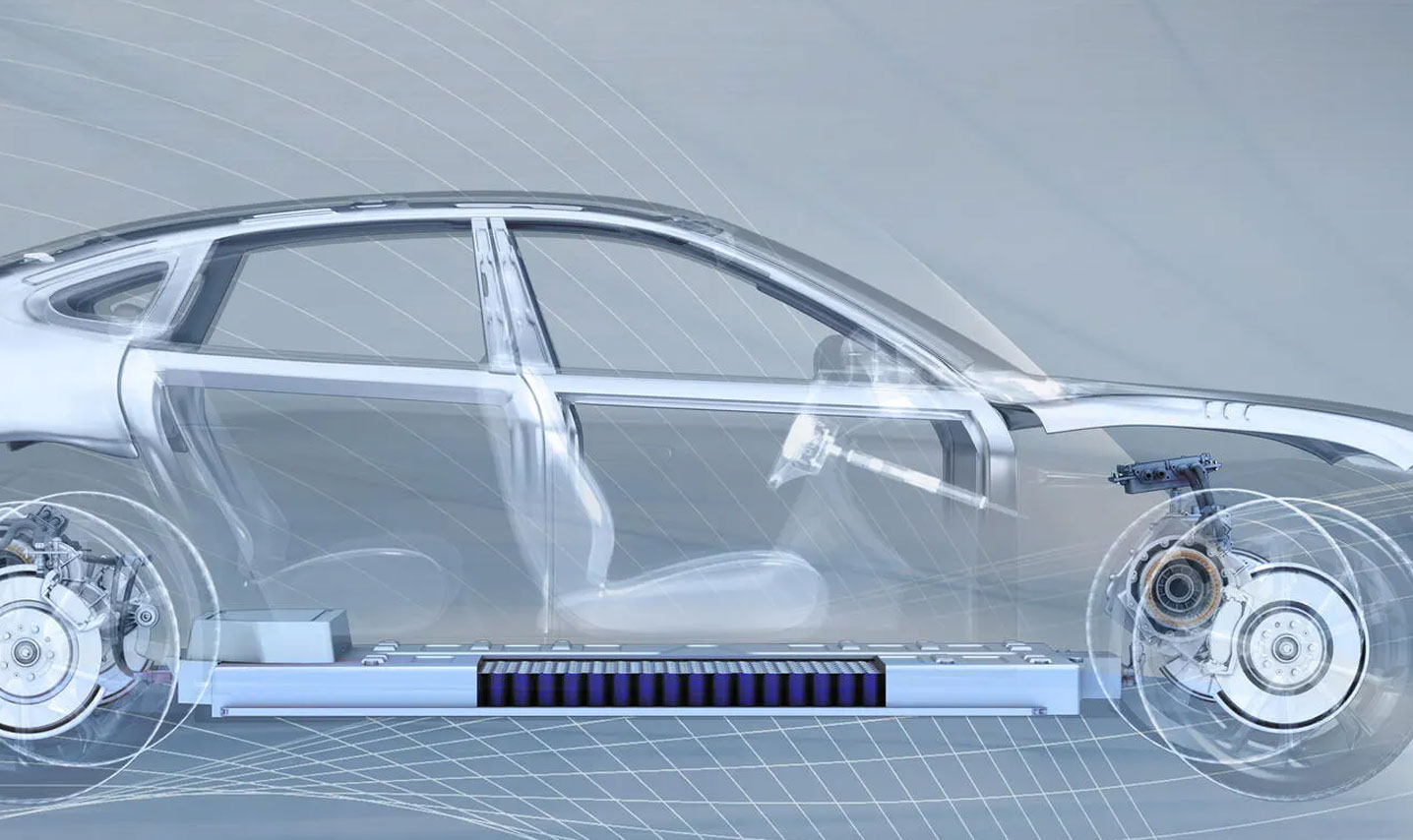An x-ray of an electric vehicle with Li-ion battery visible