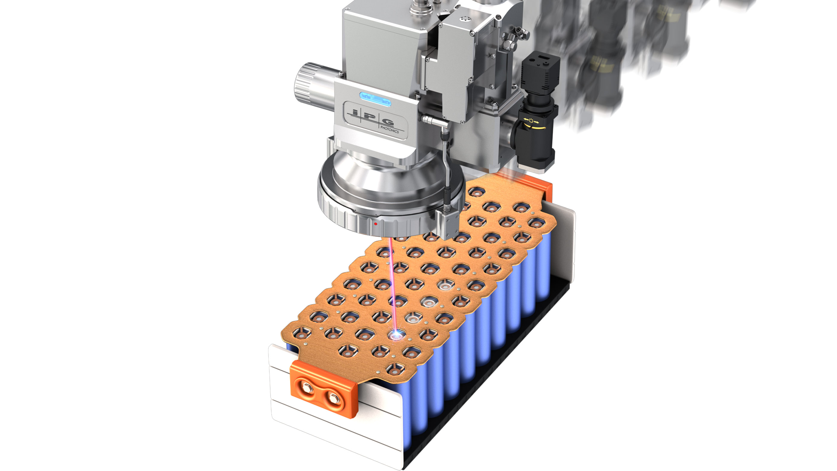 On-the-fly continuous motion laser cell to busbar welding of an EV battery