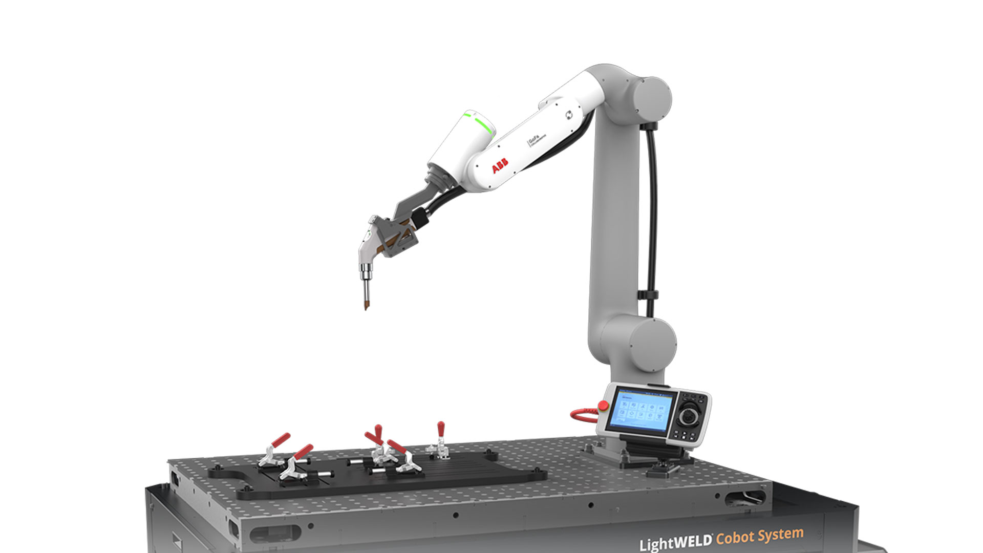 Primer plano de un cobot de soldadura láser acoplado a una mesa de trabajo.